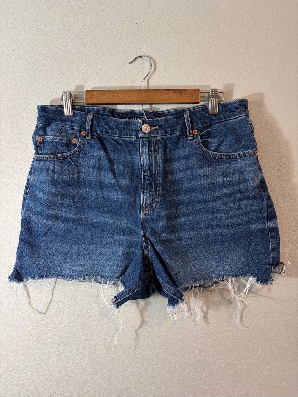 AE High-Waisted Distressed Denim Curvy Shorts - Blue